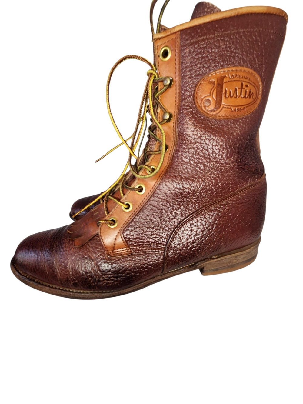 JUSTIN LC539 ROPER LACER PACKER BURGUNDY TAN  WOMEN BOOTS SZ 8 C WESTERN GRANNY